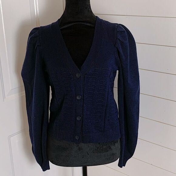 Truth Republic Pleated Puff Sleeve Cardigan Navy Blue woman’s size large preppy - Picture 1 of 13